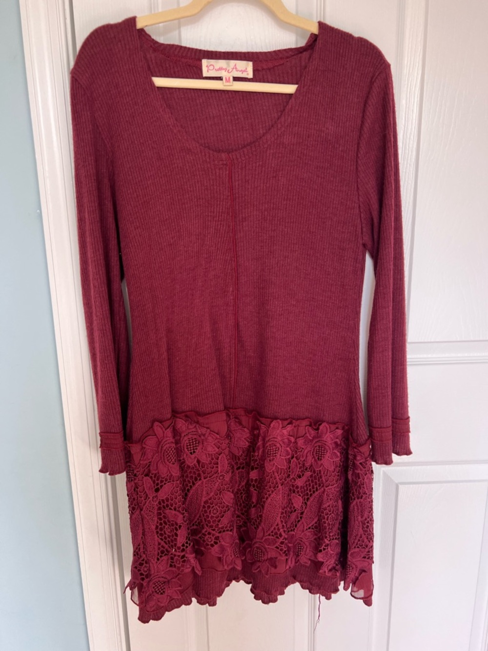 Pretty Angel Burgundy Ribbed Long Sleeve Tunic with Lace Trim